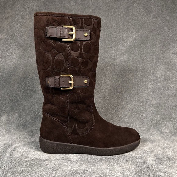Coach Tinah Signature C Logo Brown Suede Brass Mid Calf Boots Size Womens 6B - Picture 2 of 16